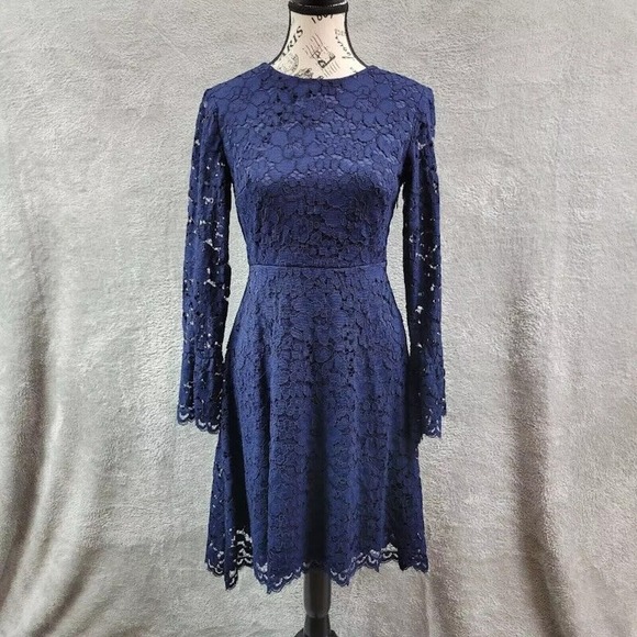 Betsey Johnson Dress Womens 2 Navy Blue Lace Embroidered Fit Flare Bell‎ Sleeve - Picture 1 of 16